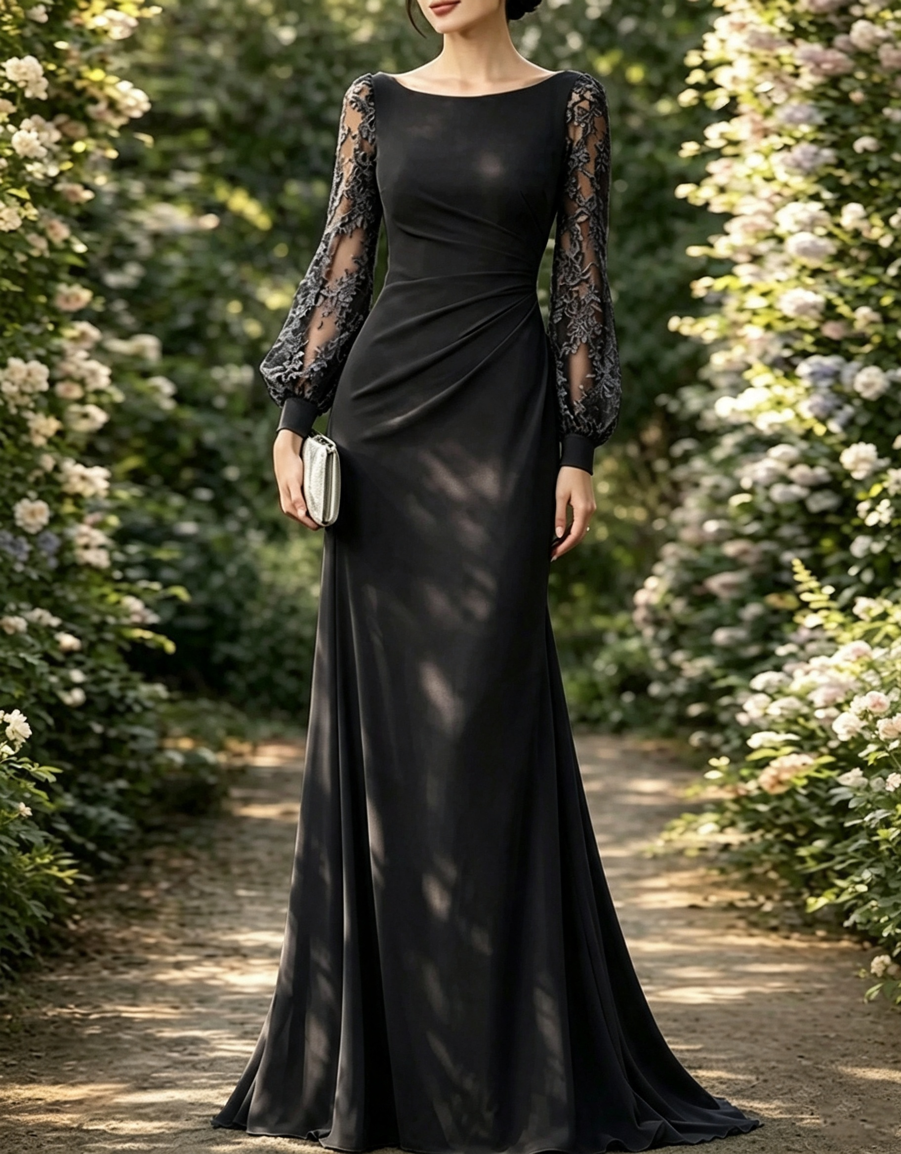 Bateau Neck Lace Bishop Sleeve Chiffon A-Line Maxi Dress