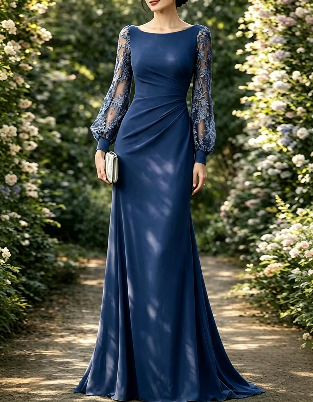 Bateau Neck Lace Bishop Sleeve Chiffon A-Line Maxi Dress