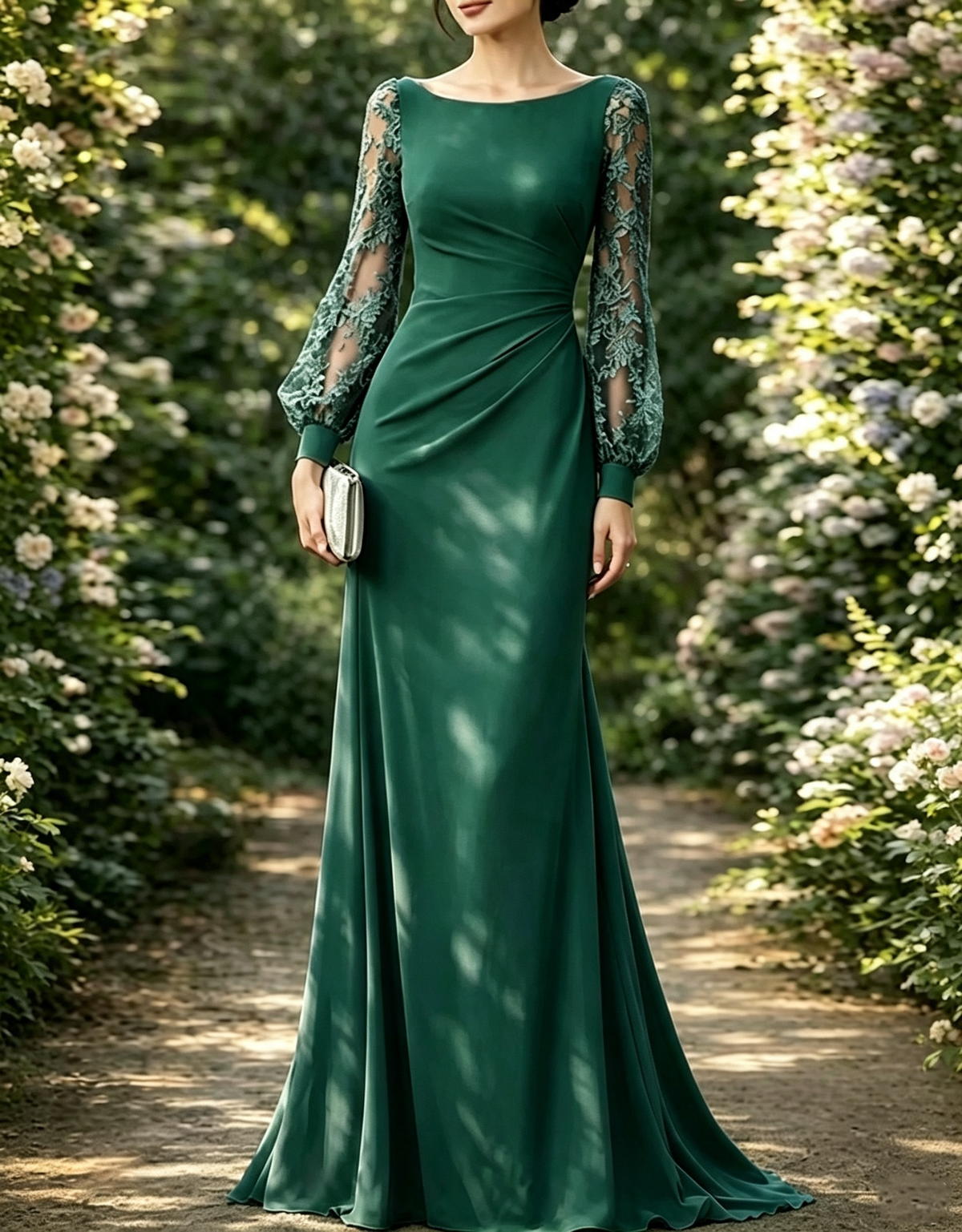Bateau Neck Lace Bishop Sleeve Chiffon A-Line Maxi Dress