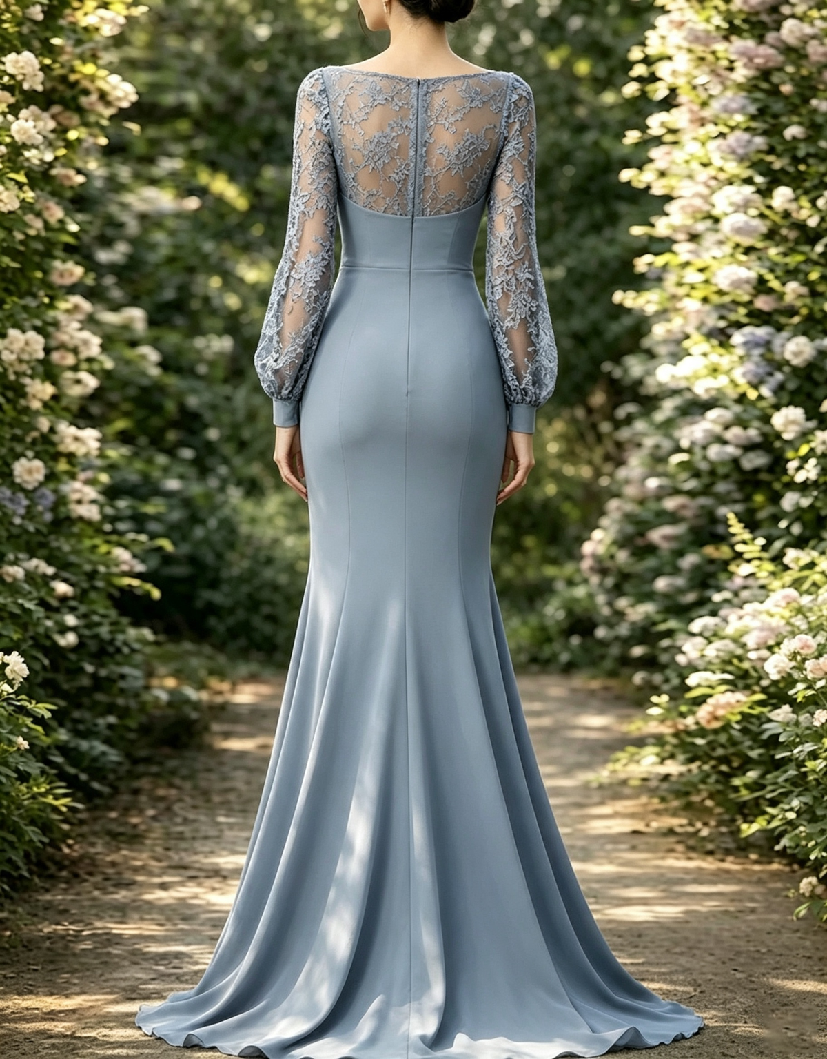 Bateau Neck Lace Bishop Sleeve Chiffon A-Line Maxi Dress