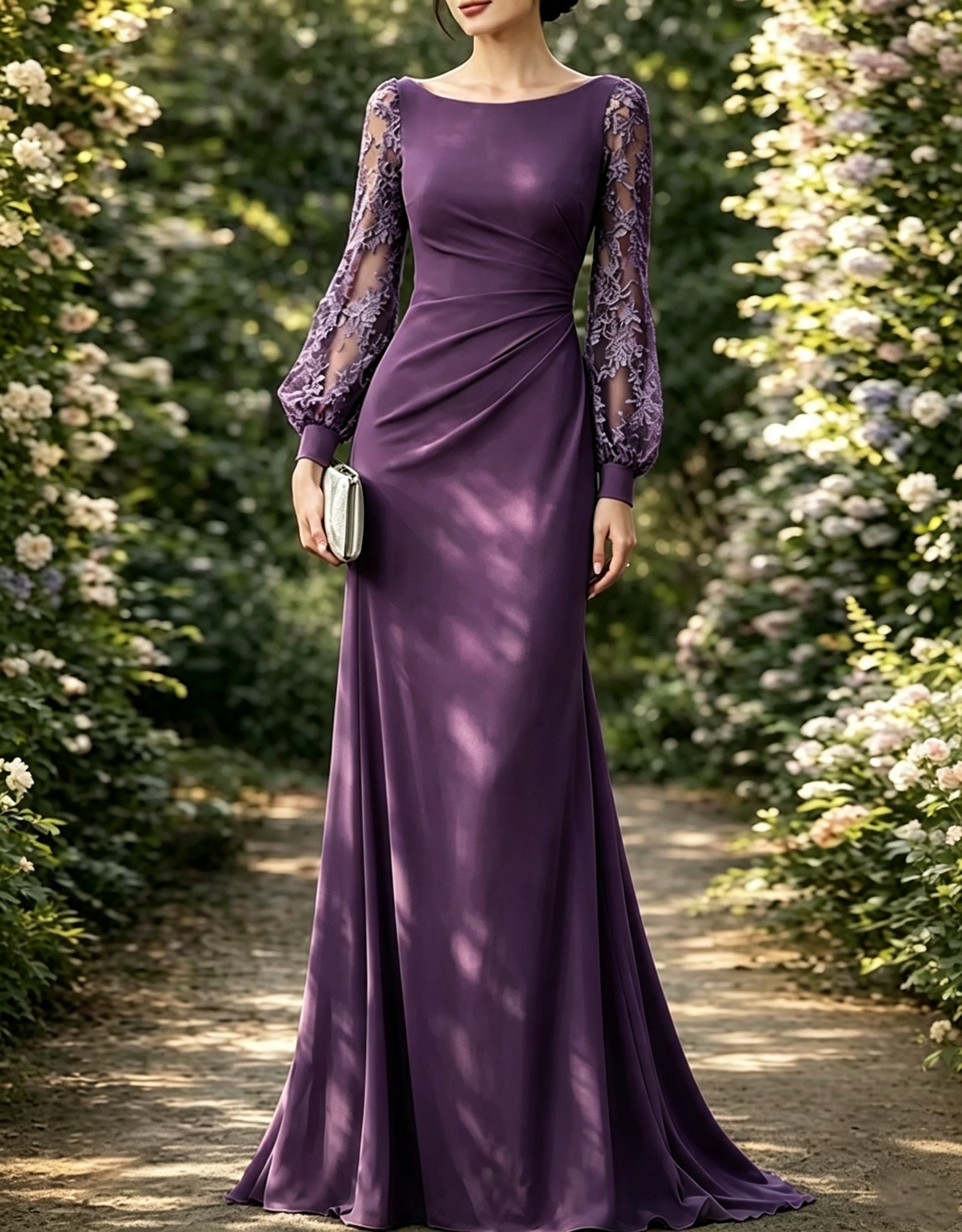 Bateau Neck Lace Bishop Sleeve Chiffon A-Line Maxi Dress