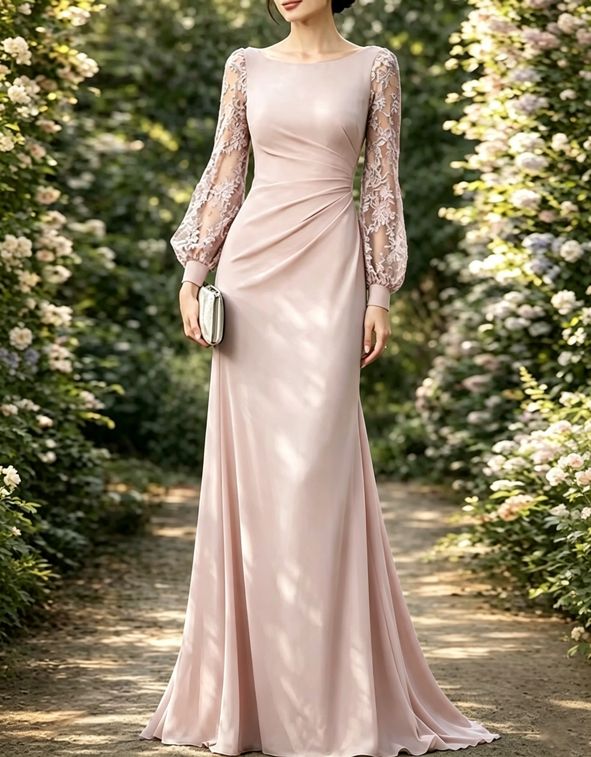 Bateau Neck Lace Bishop Sleeve Chiffon A-Line Maxi Dress