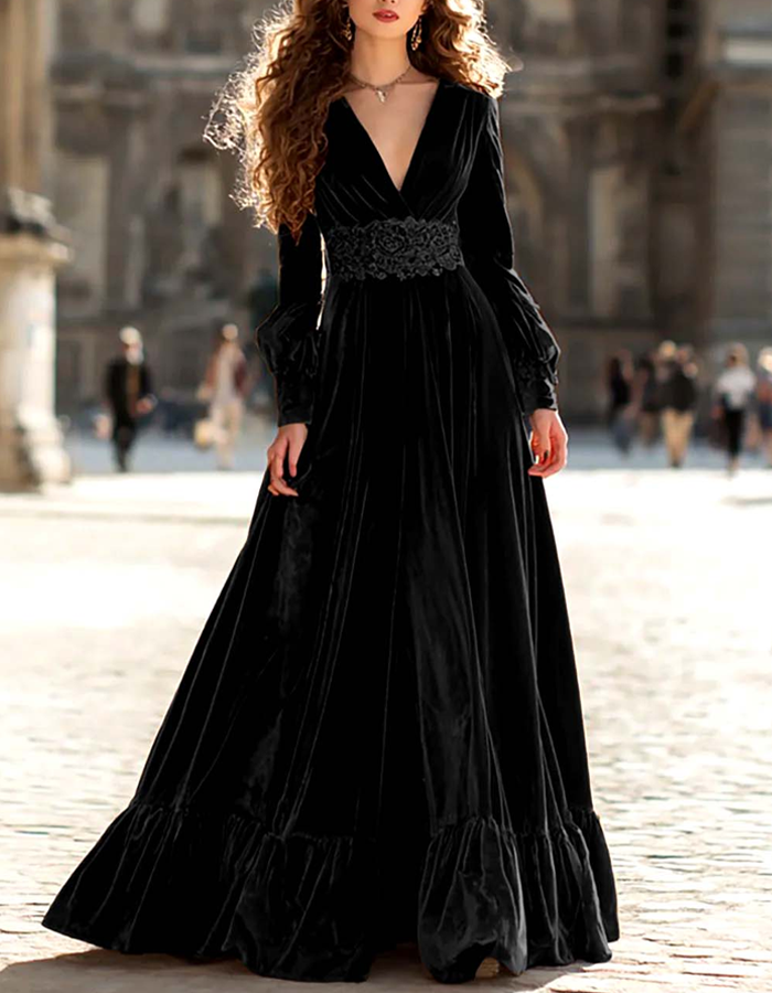 Deep V-Sleeve Puff Sleeve Ruffled Velvet Long Maxi Dress