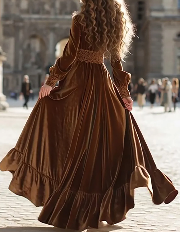 Deep V-Sleeve Puff Sleeve Ruffled Velvet Long Maxi Dress