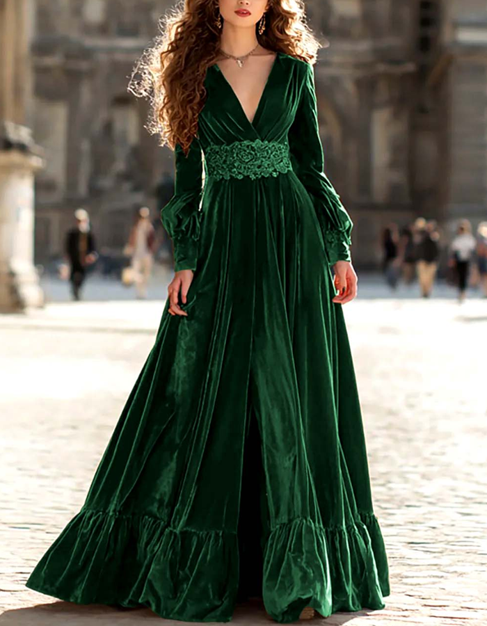Deep V-Sleeve Puff Sleeve Ruffled Velvet Long Maxi Dress