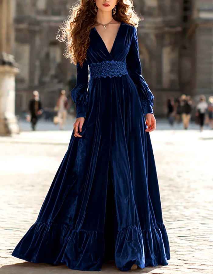 Deep V-Sleeve Puff Sleeve Ruffled Velvet Long Maxi Dress