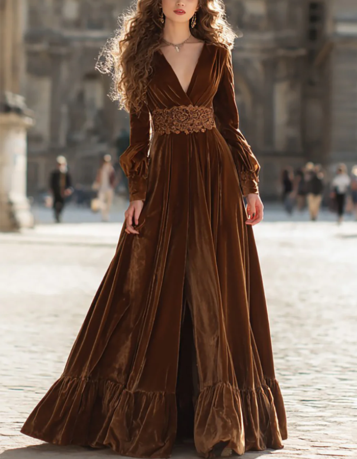 Deep V-Sleeve Puff Sleeve Ruffled Velvet Long Maxi Dress