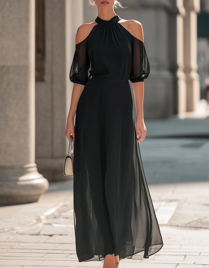 Off-the-Shoulder Puff Sleeve Chiffon Maxi Dress