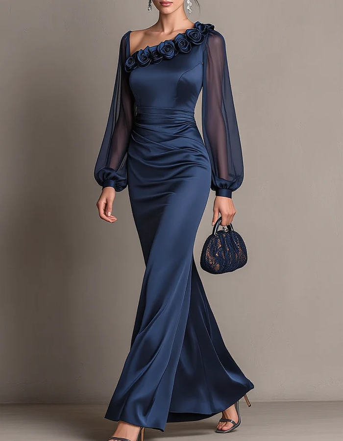 Asymmetrical Floral Appliqué Tulle Puff Sleeve Satin Maxi Dress