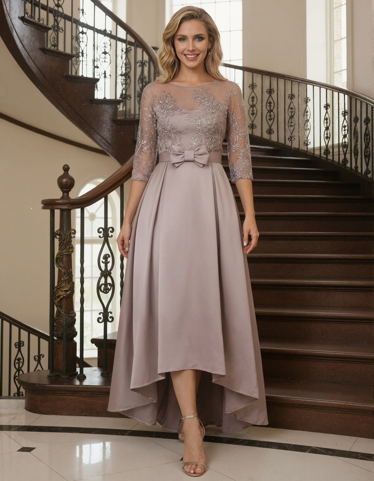 Gray Brown Lace Three Quarter Sleeve High And Low Hem Satin Maxi Dress