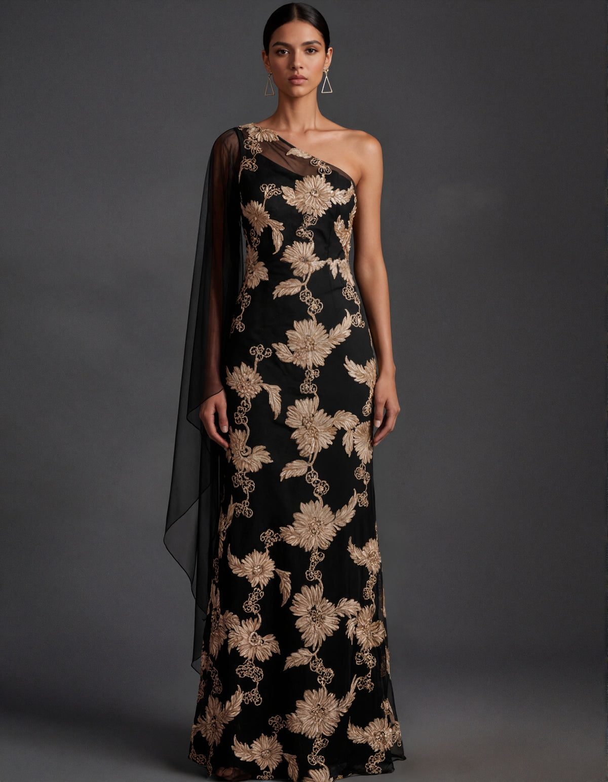 Black One Shoulder Tulle Shawl With Gold Floral Embroidery Maxi Dress