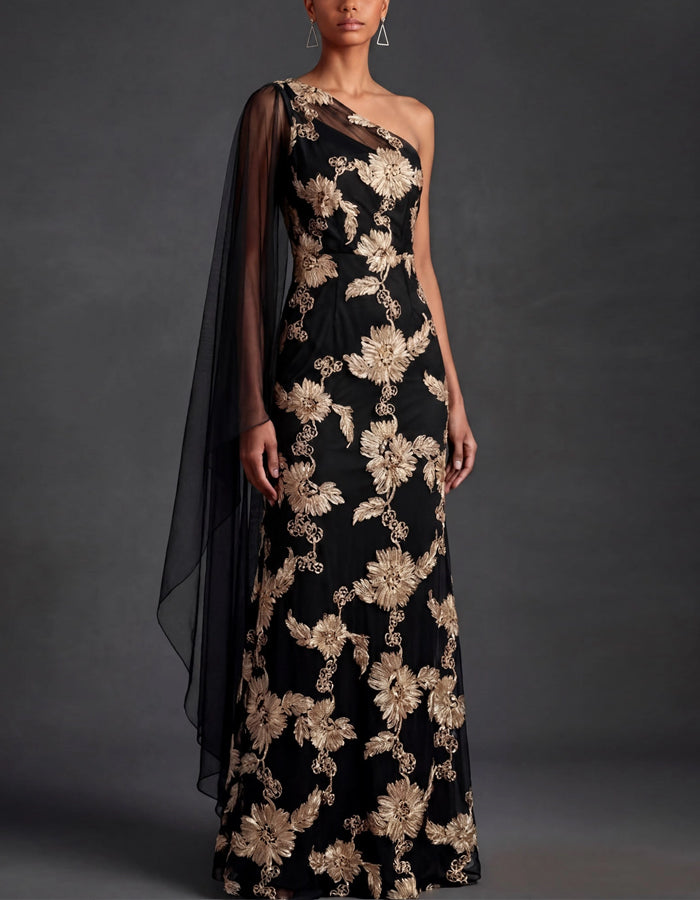 Black One Shoulder Tulle Shawl With Gold Floral Embroidery Maxi Dress