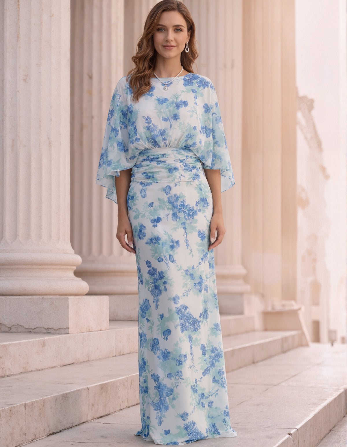 White With Blue Floral Round Neck Shawl Sleeves Maxi Dress