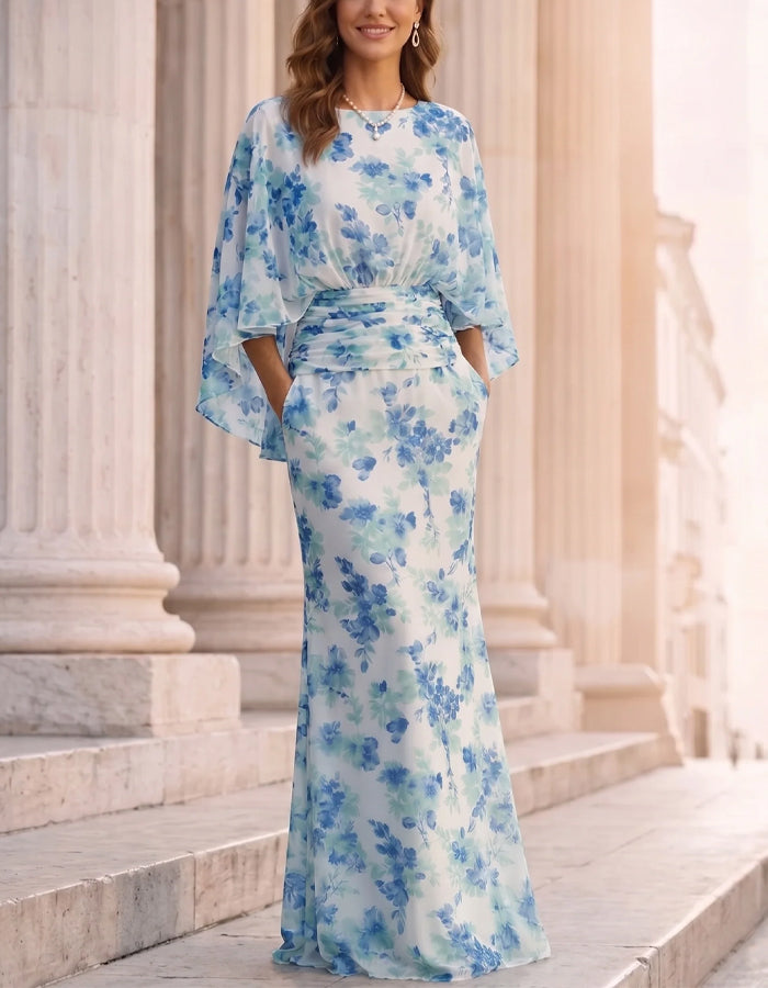 White With Blue Floral Round Neck Shawl Sleeves Maxi Dress