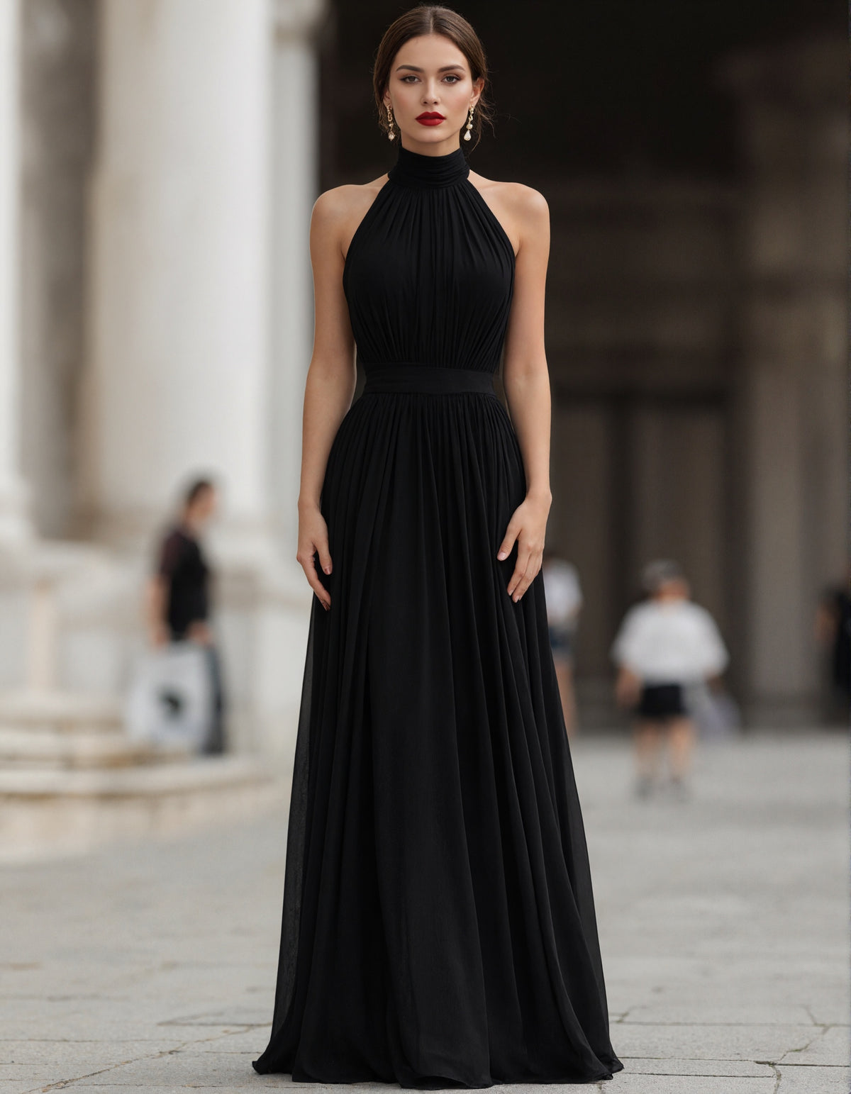 Solid Color Chiffon Halter Neck Maxi Dress