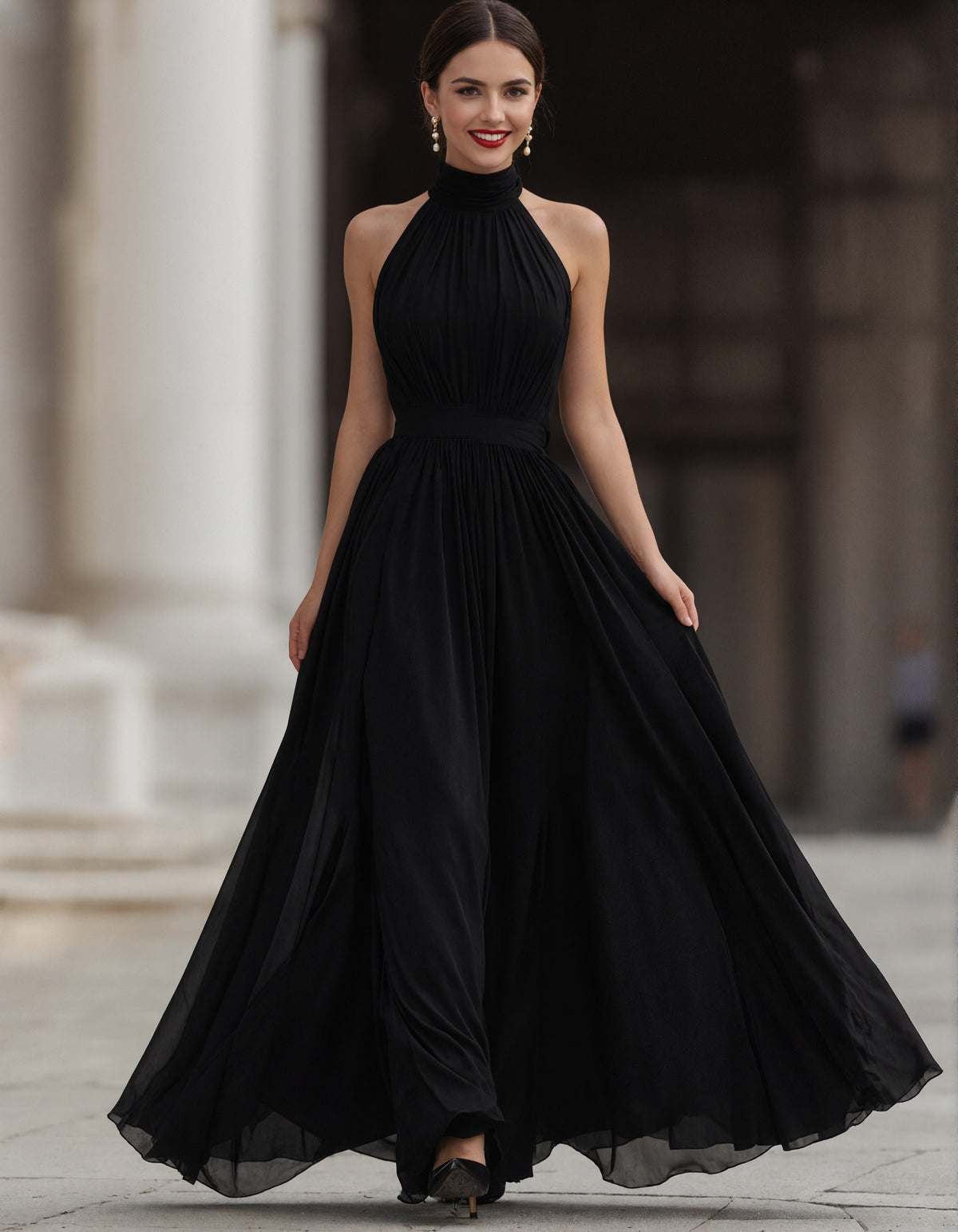 Solid Color Chiffon Halter Neck Maxi Dress