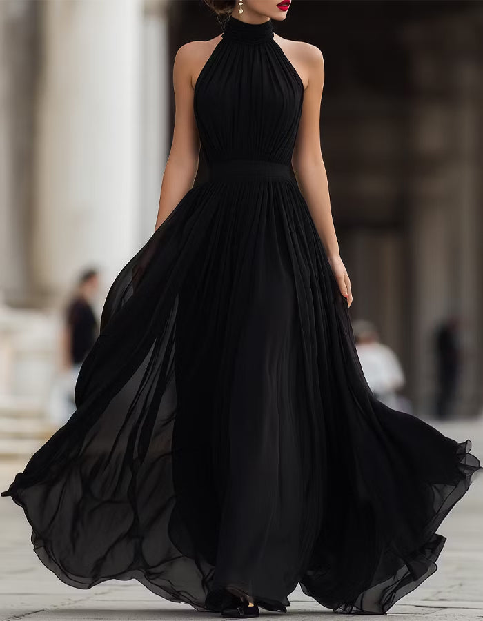 Solid Color Chiffon Halter Neck Maxi Dress