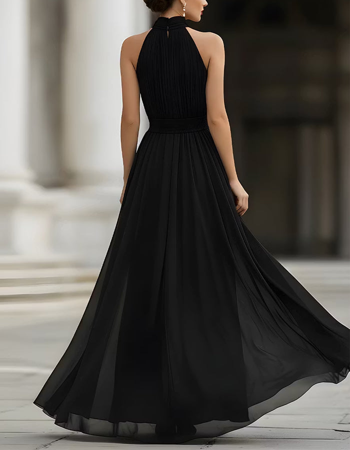 Solid Color Chiffon Halter Neck Maxi Dress