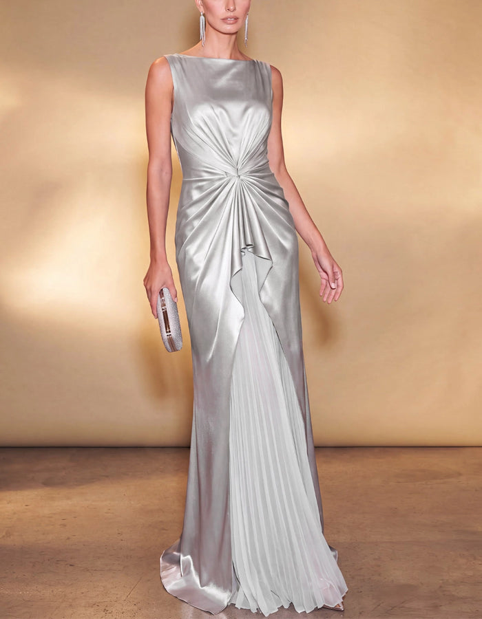 Silver Sleeveless Twisted Satin Pleats Maxi Dress