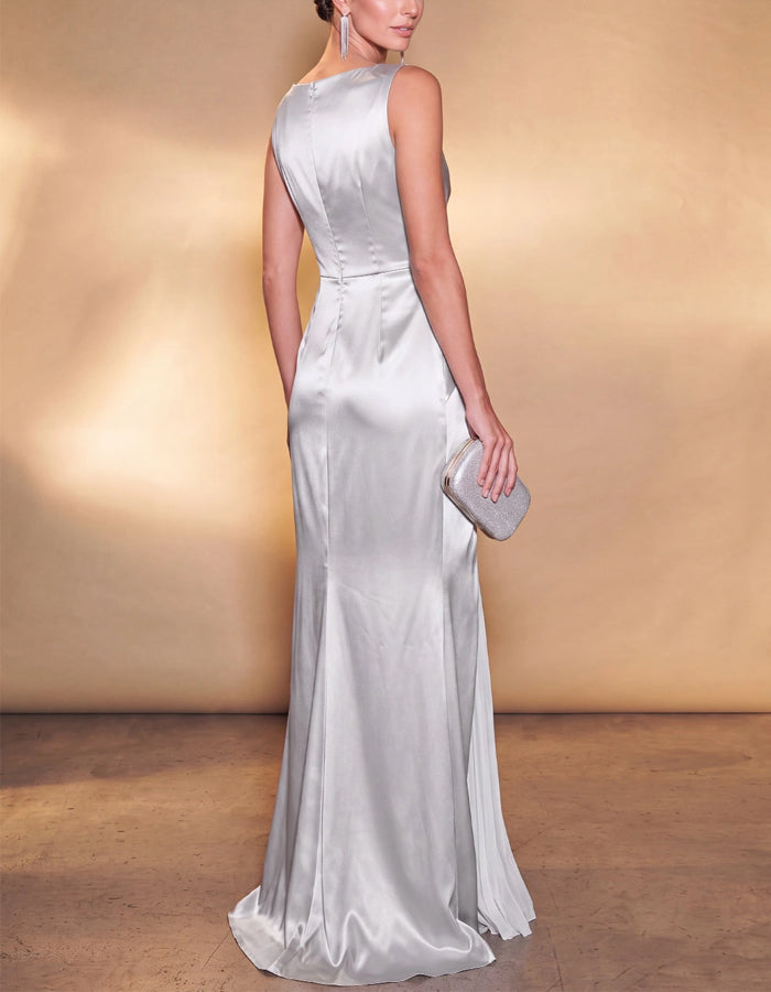 Silver Sleeveless Twisted Satin Pleats Maxi Dress