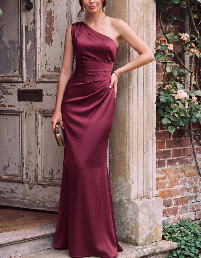 Solid Color One Shoulder Pleated Satin Mermaid Maxi Dress