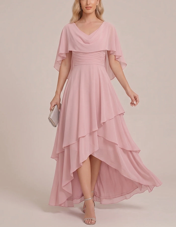 Cape Sleeve Ruched High‑Low Tiered Chiffon Maxi Dress