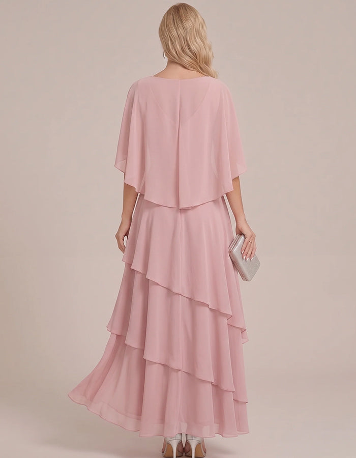 Cape Sleeve Ruched High‑Low Tiered Chiffon Maxi Dress