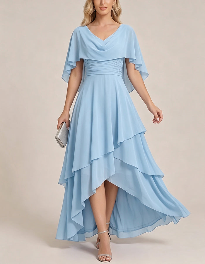 Cape Sleeve Ruched High‑Low Tiered Chiffon Maxi Dress