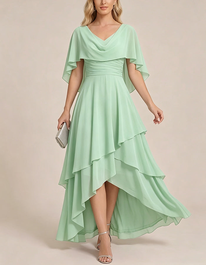 Cape Sleeve Ruched High‑Low Tiered Chiffon Maxi Dress