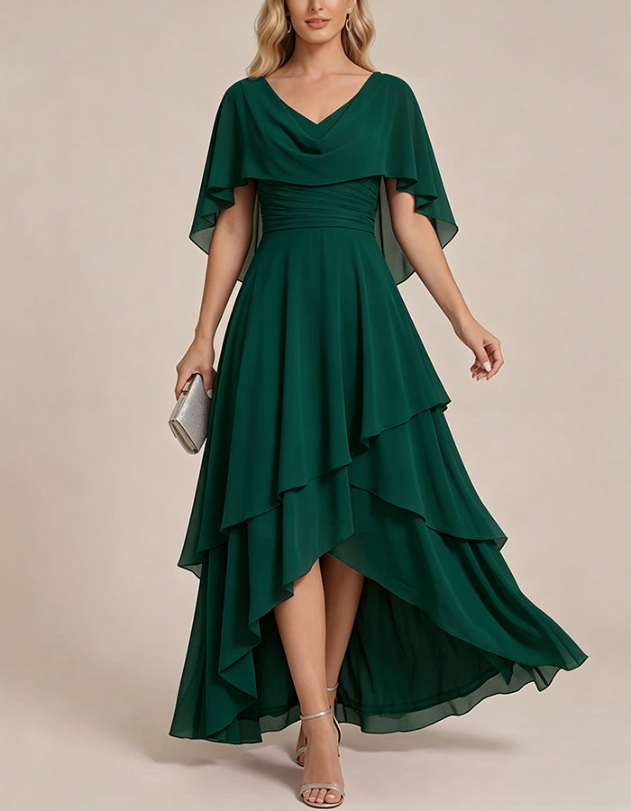 Cape Sleeve Ruched High‑Low Tiered Chiffon Maxi Dress