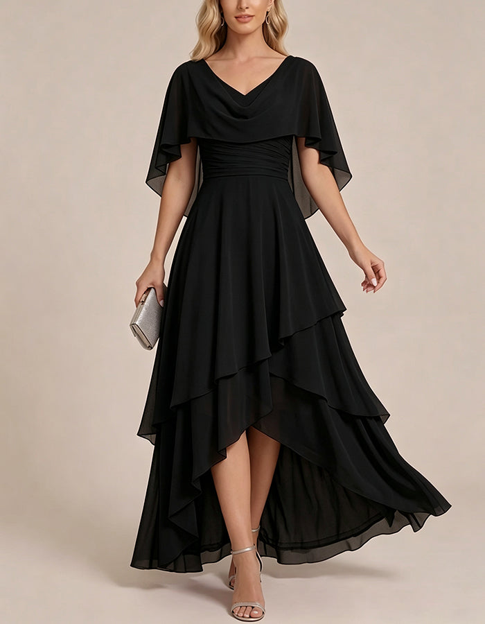 Cape Sleeve Ruched High‑Low Tiered Chiffon Maxi Dress