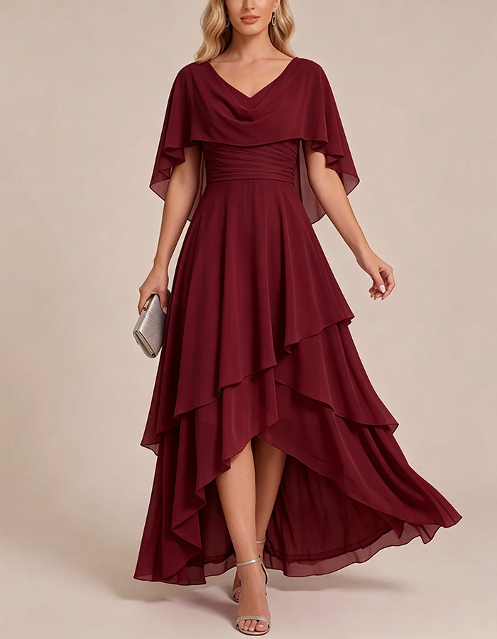 Cape Sleeve Ruched High‑Low Tiered Chiffon Maxi Dress