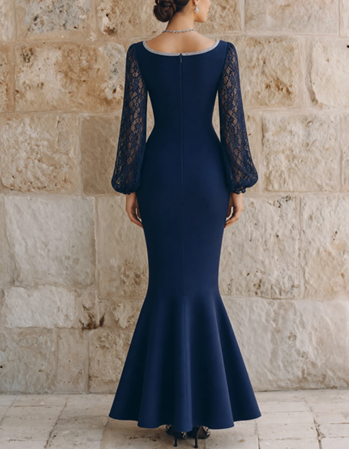 Navy Blue Lace-sleeved Midi Dress