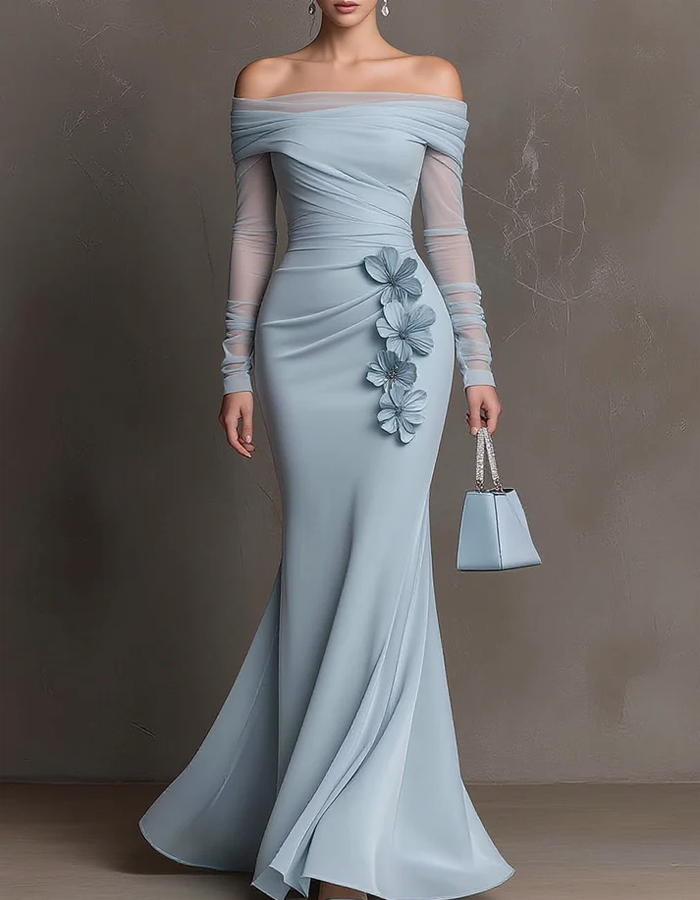 Light Blue Off-the-shoulder 3D Floral Appliqués Maxi Dress