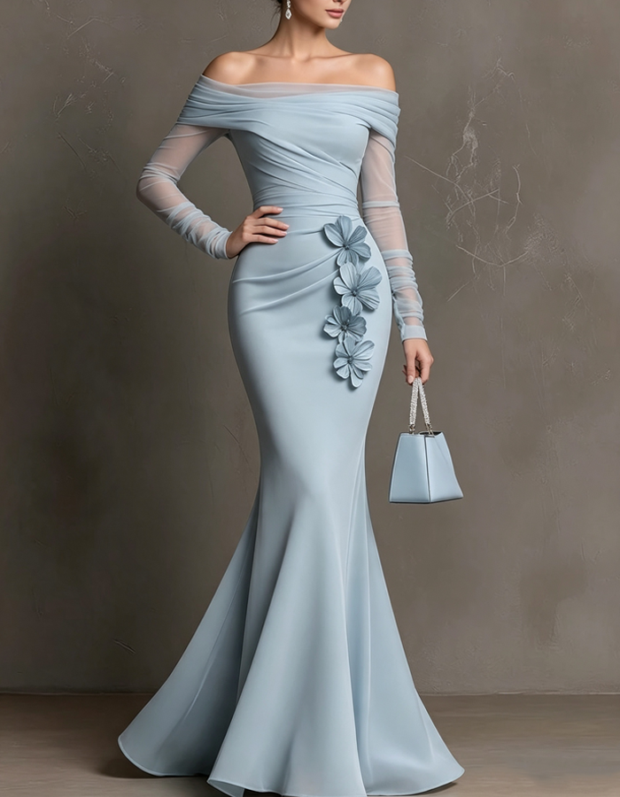 Light Blue Off-the-shoulder 3D Floral Appliqués Maxi Dress