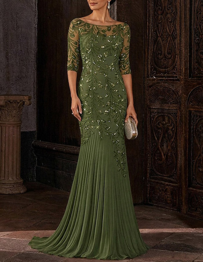 Champagne Illusion Boat‑Neck Three‑Quarter Sleeve Sequins Chiffon Mermaid Maxi Dress