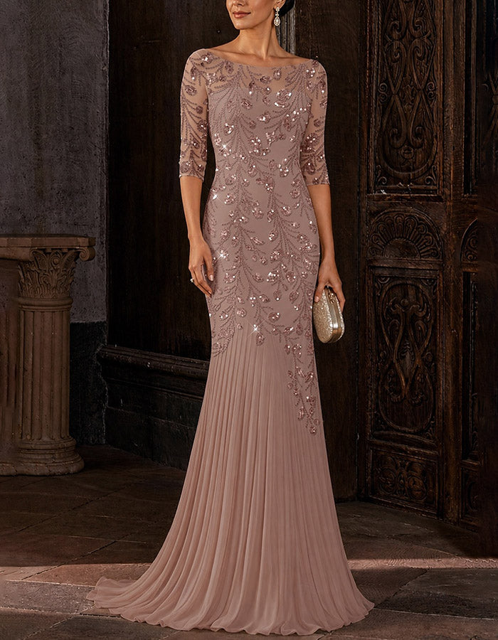 Champagne Illusion Boat‑Neck Three‑Quarter Sleeve Sequins Chiffon Mermaid Maxi Dress