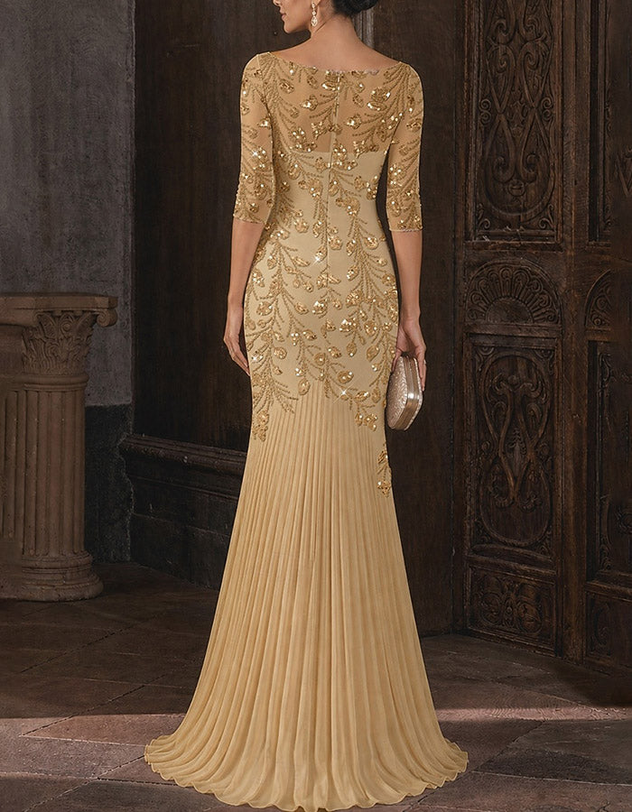 Champagne Illusion Boat‑Neck Three‑Quarter Sleeve Sequins Chiffon Mermaid Maxi Dress