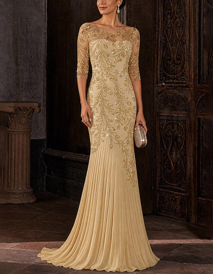 Champagne Illusion Boat‑Neck Three‑Quarter Sleeve Sequins Chiffon Mermaid Maxi Dress
