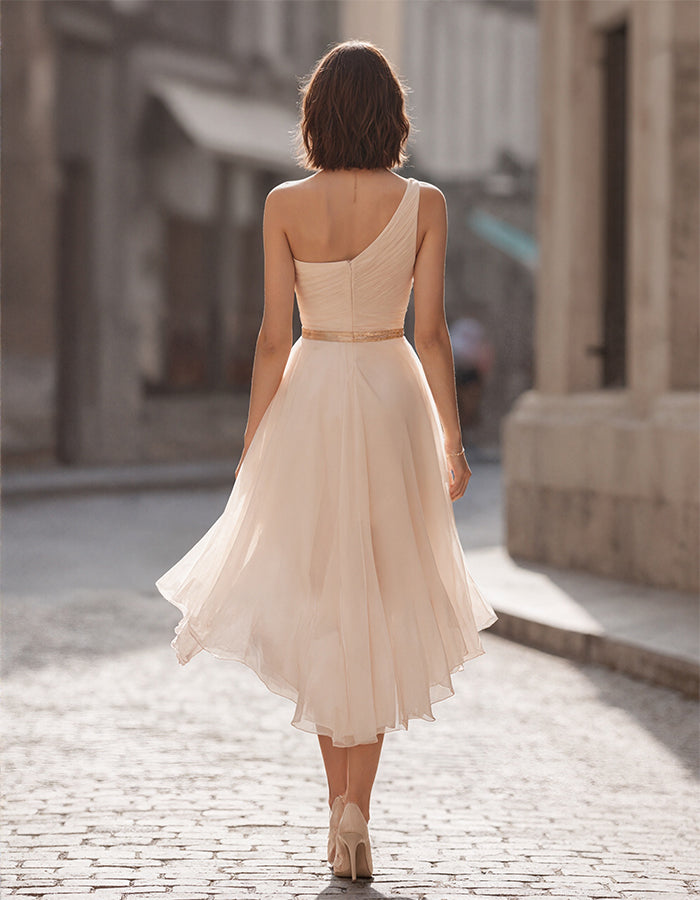 Light Beige One Shoulder Pleated High And Low Hem Chiffon Midi Dress