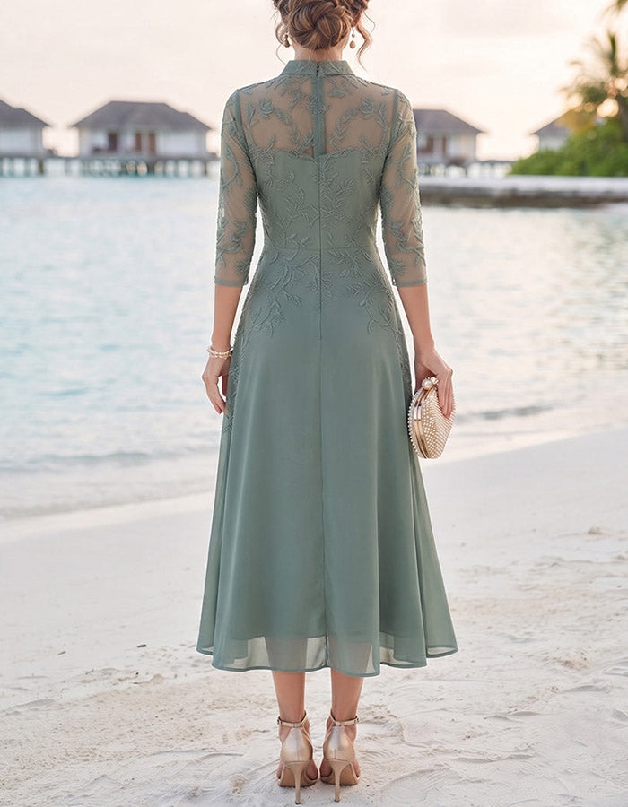Sage Green Stand‑Collared Keyhole Three‑Quarter Sleeve Lace Chiffon A‑Line Midi Dress