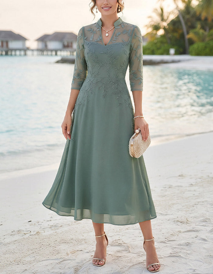 Sage Green Stand‑Collared Keyhole Three‑Quarter Sleeve Lace Chiffon A‑Line Midi Dress
