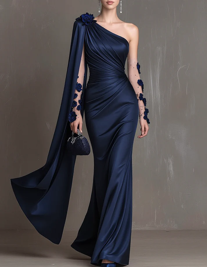 Navy Blue One-shoulder Satin Mermaid Evening Maxi Dress