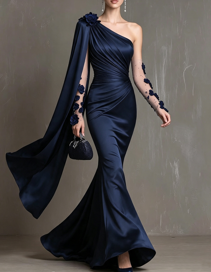 Navy Blue One-shoulder Satin Mermaid Evening Maxi Dress