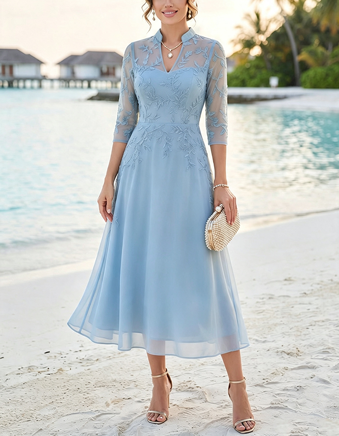 Sage Green Stand‑Collared Keyhole Three‑Quarter Sleeve Lace Chiffon A‑Line Midi Dress