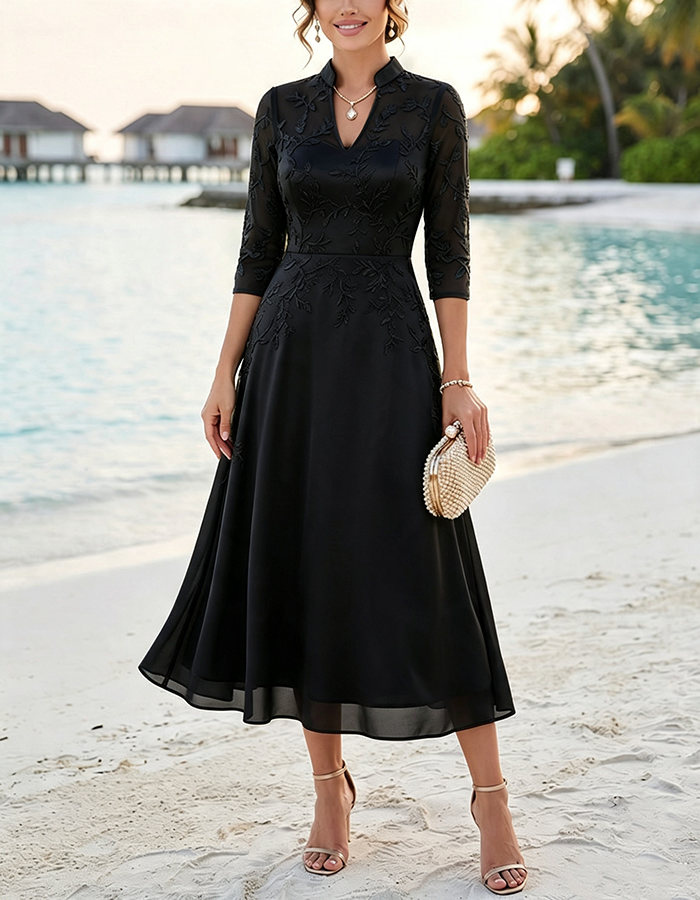Sage Green Stand‑Collared Keyhole Three‑Quarter Sleeve Lace Chiffon A‑Line Midi Dress
