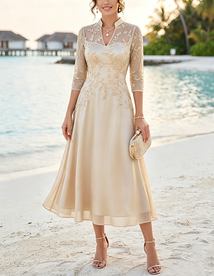 Sage Green Stand‑Collared Keyhole Three‑Quarter Sleeve Lace Chiffon A‑Line Midi Dress