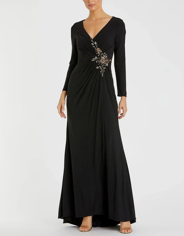V-neck Long-sleeved Evening Maxi Dress