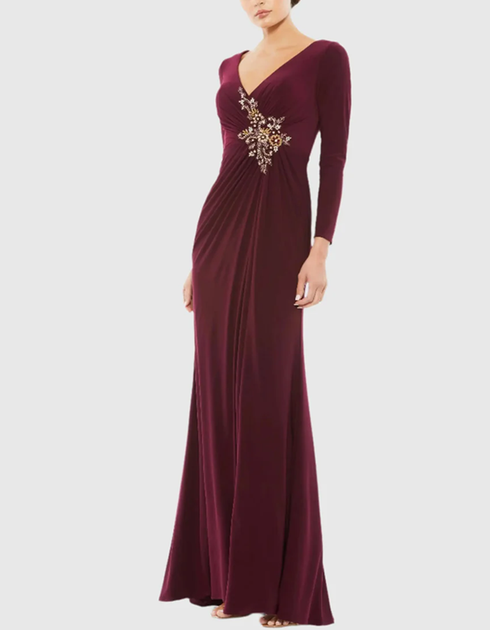 V-neck Long-sleeved Evening Maxi Dress