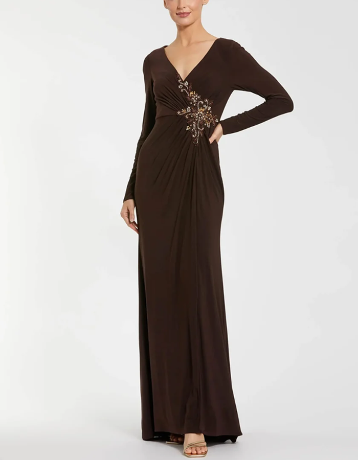 V-neck Long-sleeved Evening Maxi Dress